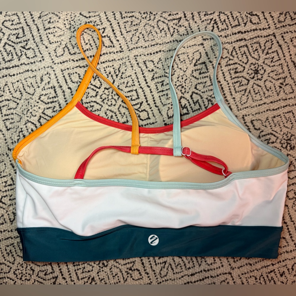 Colorblock Strappy Bikini Top - White with Teal, Red & Yellow Trim - Picture 2 of 5